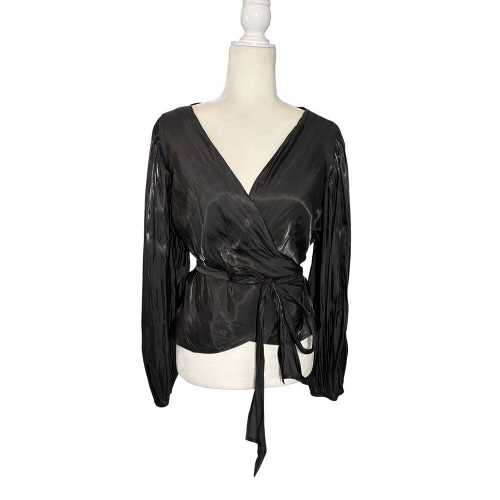 Hyefve black shiny long sleeve wrap blouse with waist tie - L